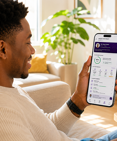 Person viewing a monthly healthcare report on a mobile phone