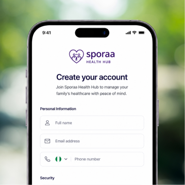 Sporaa account creation form displayed on a mobile phone