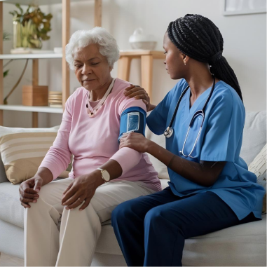 Healthcare professional checking an elderly patient's blood pressure
